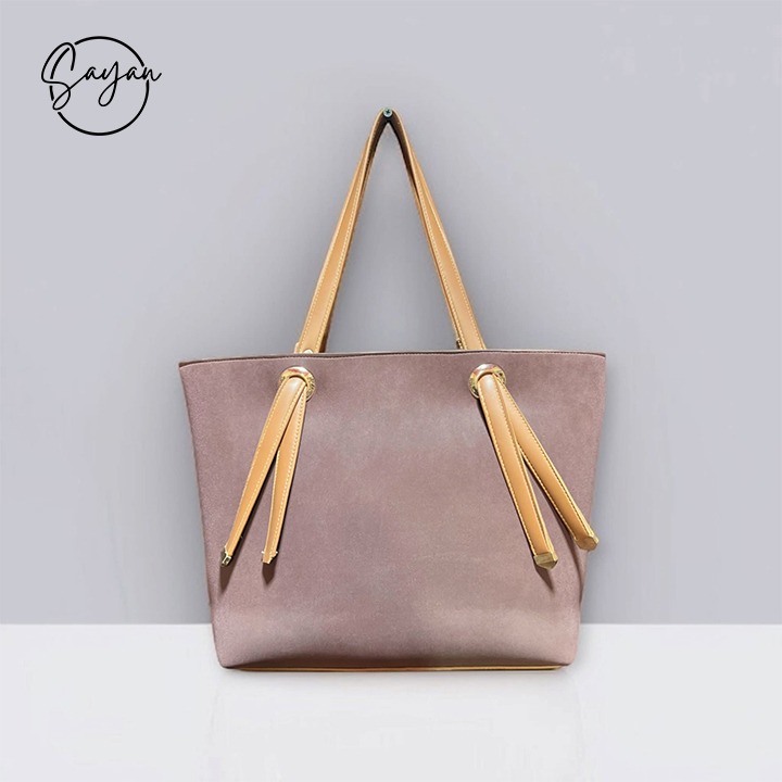 Chic Suede Tote Bag with Tan Handles - Image 4